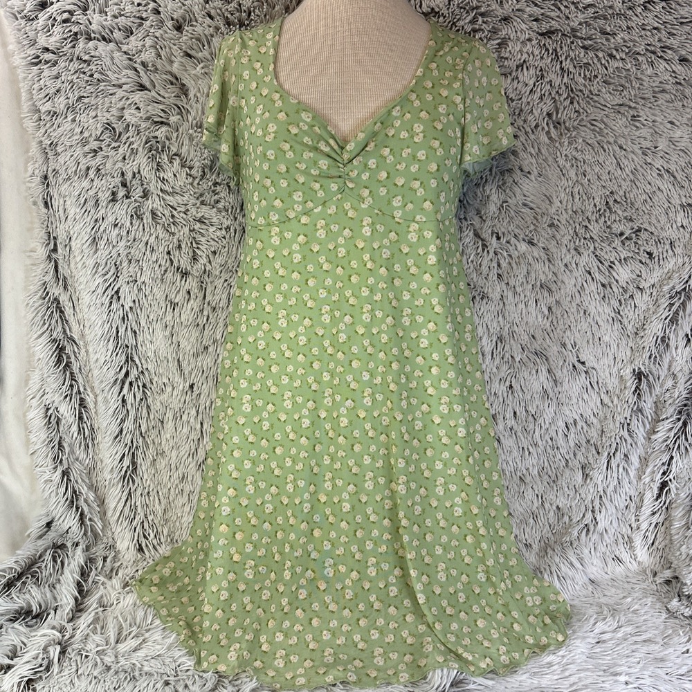 See You Monday Babydoll Dress Green Mesh Ruched Sweetheart‎ Roses Floral Large